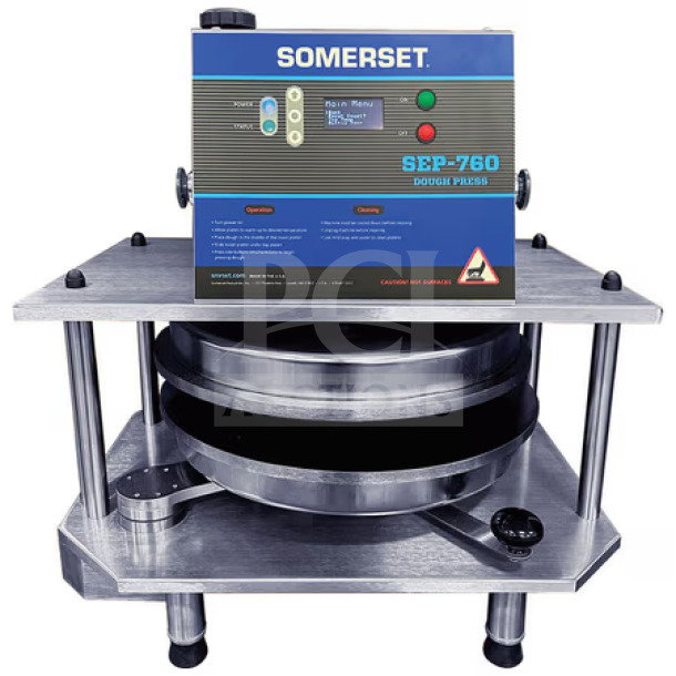 Somerset SEP-760 automated dough press, 18", 220V, 3600W, scratch-and-dent condition, S/N: 2506R0007, sturdy metal design.