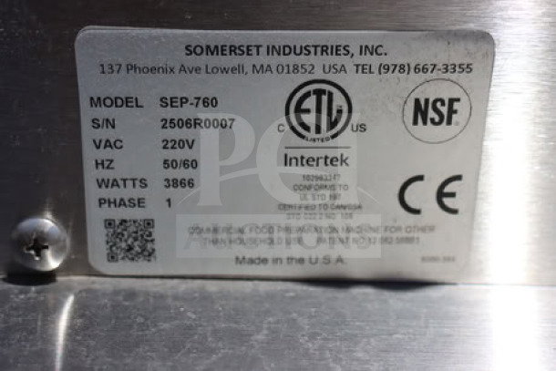 "Label displaying specifications of Somerset SEP-760 pizza dough press, 220V, 3866W, model number 2506R0007."