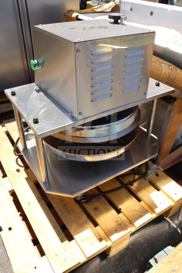 Brand new Somerset SEP-760 automated dough press, 18" size, 220V, 3600W, shown on pallet. Serial number 2506R0007.