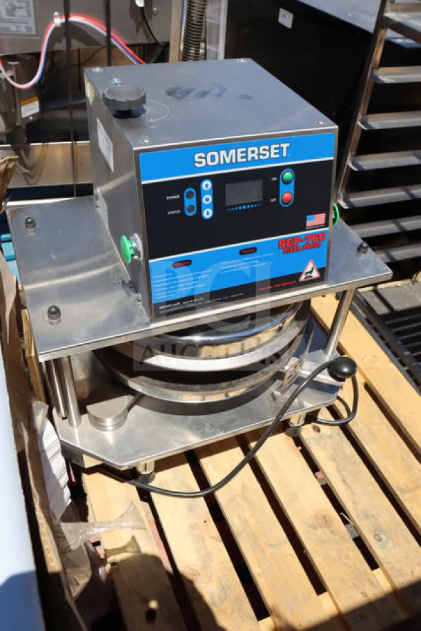 Brand new Somerset SEP-760 automated dough press, 18", 220V, 3600W. Shows "Scratch-N-Dent" condition, S/N: 2506R0007.