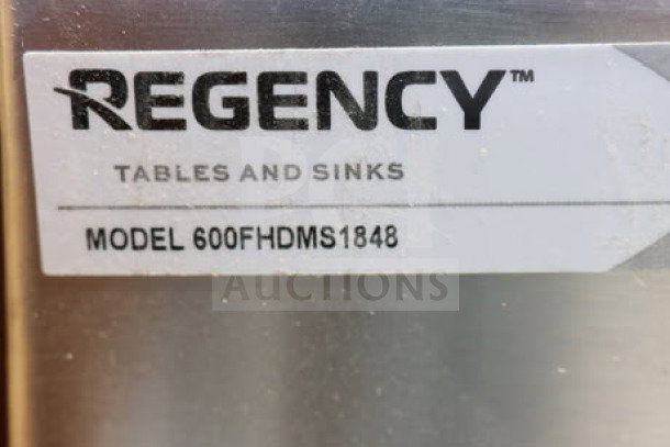 Regency hand sink 600FHDMS1848 label; brand new, scratch-n-dent. Features space for two 8" center faucets.