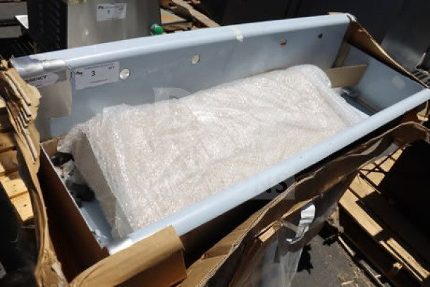 Regency 600FHDMS1848 hand sink, 48"x17.5", new scratch-n-dent, with bubble wrap packaging, for two 8" center faucets.