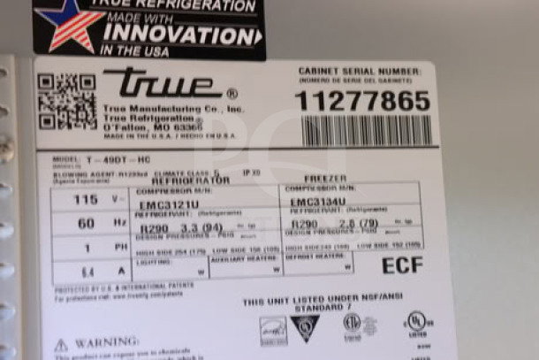 True T-49DT-HC refrigerator/freezer label, S/N: 11277865, 115V, 6.4A, 1 phase. Tested, working. "Made with Innovation in the USA."