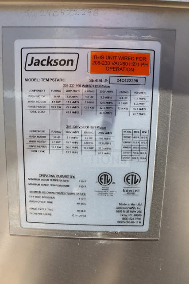 Jackson TempStar dishwasher label showing specifications, including 208/230 volts, 51.8-56 amps, 3 phase. Model TEMPSTAR®.