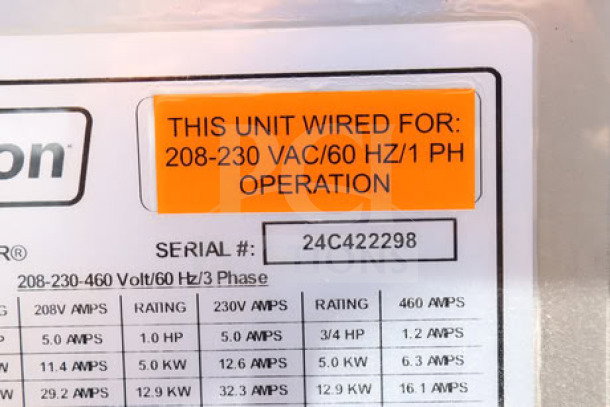 Jackson TempStar HH-E dishwasher label showing wiring details: 208-230 VAC, 60 Hz, 1 PH. Serial #: 24C422298.