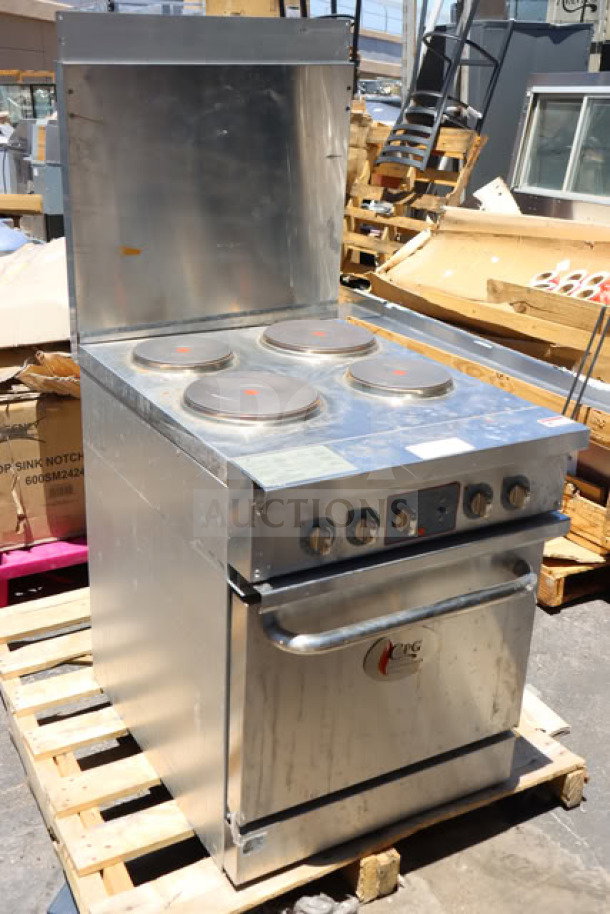 BRAND NEW Cooking Performance Group ER24-240-1 24" 4-burner electric range with space saver oven, shown in good condition.
