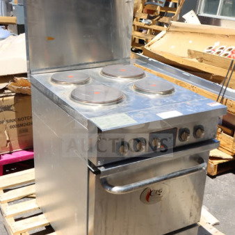 BRAND NEW Cooking Performance Group ER24-240-1 24" 4-burner electric range with space saver oven, shown in good condition.