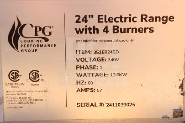 Cooking Performance Group 24" 4-burner electric range, model ER24-240-1, 240V, phase 1, serial #2411039025. Brand new, scratch-n-dent.
