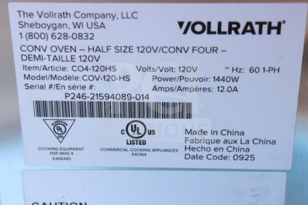 Vollrath CO4-120-HS convection oven label showing model details, 120V, 12A, 1.44kW, made in China. Serial: P246-21594089-014.