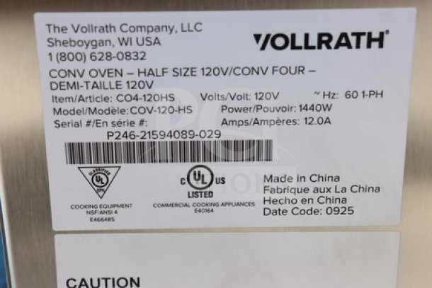 Alt text: Label on Vollrath CO4-120HS convection oven, showing model details, voltage (120V), serial number P246-21594089-029.