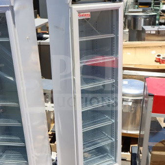 Brand new Galaxy GDN-5 swing glass door merchandiser refrigerator, white, LED lit, 74" tall, slight dent, model GDN-5.