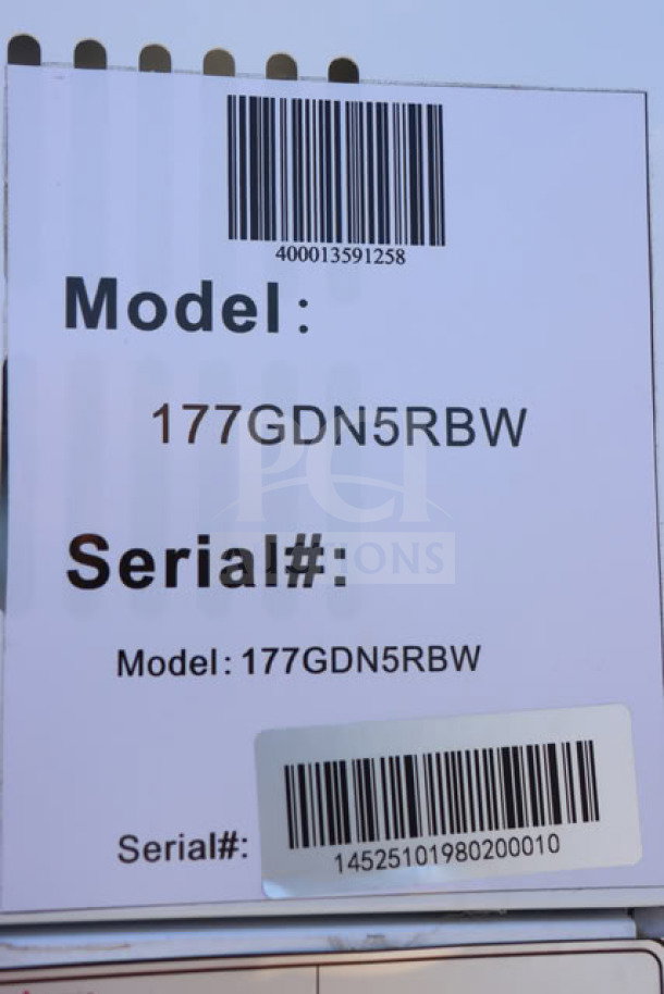 Barcode and stickers displaying Model: 177GDN5RBW, Serial#: 14525101980200010 for Galaxy GDN-5 Refrigerator.
