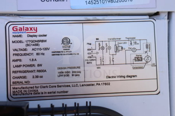 Label of Galaxy GDN-5 Display Cooler showing model number, electrical specifications, refrigerant type, and manufacturing details.