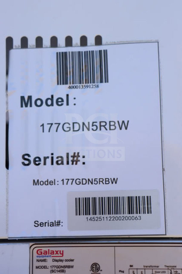 Galaxy GDN-5 Refrigerator label showing model 177GDN5RBW and serial number 14525112200200063.