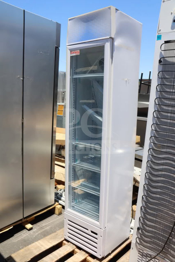 Brand new Galaxy GDN-5 merchandiser refrigerator, white with swing glass door, red, white, blue LED lighting, 16 9/16" x 17 1/2" x 74". Serial Number: 14525112200200063.