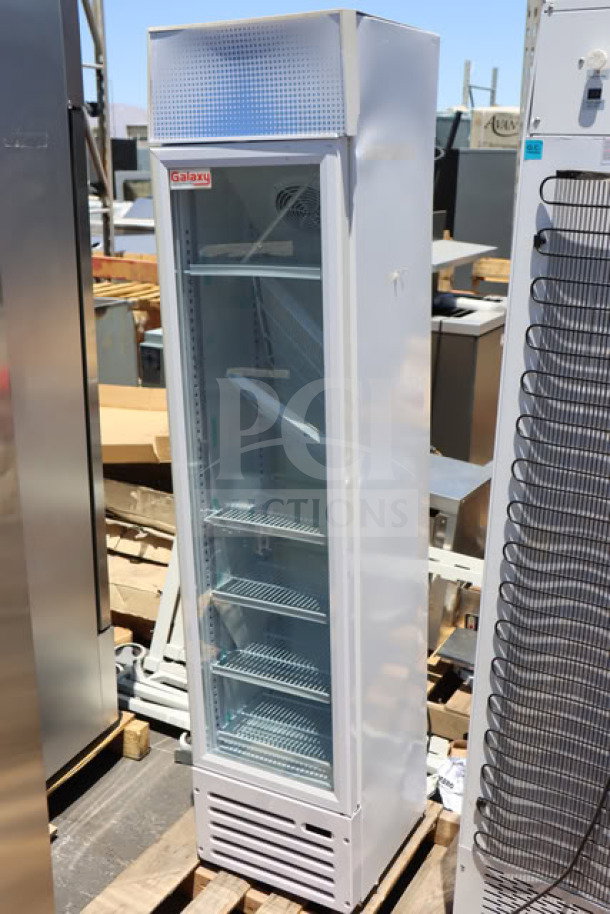 Brand new Galaxy GDN-5 merchandiser refrigerator with glass door, LED lighting, 16 9/16"x17 1/2"x74", slight scratches.