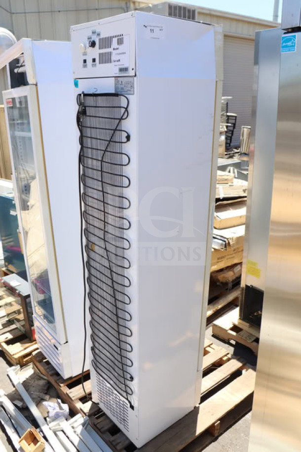 Brand new Galaxy GDN-5 swing glass door merchandiser fridge, white, 16 9/16"x17 1/2"x74", red/white/blue LED, 115V.