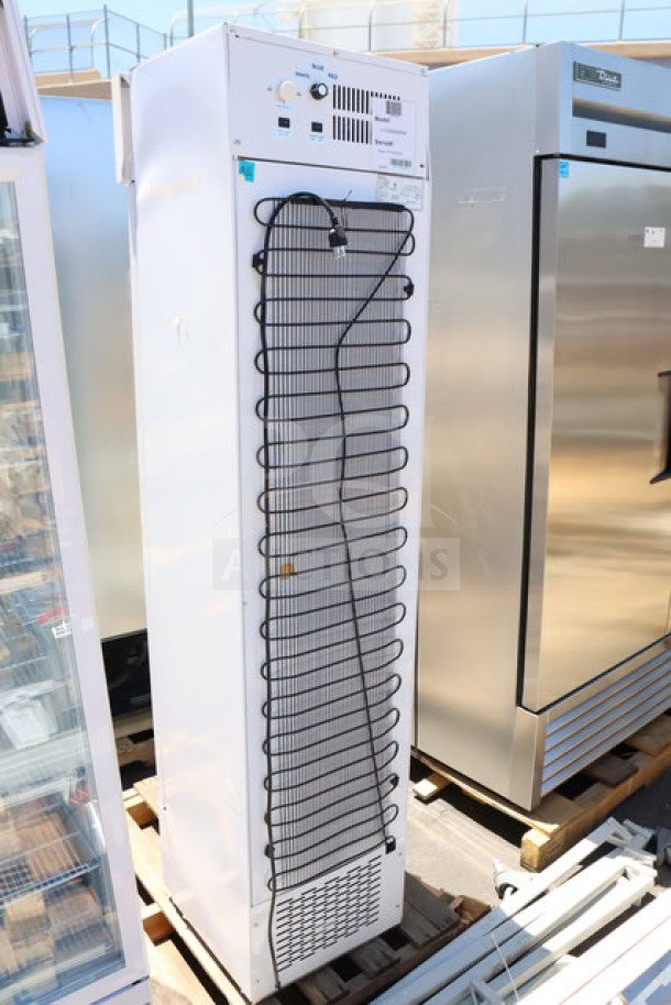 Brand new Galaxy GDN-5 merchandiser refrigerator, 16 9/16" white swing glass door, with RWB LED lights, serial 14525112200200063.