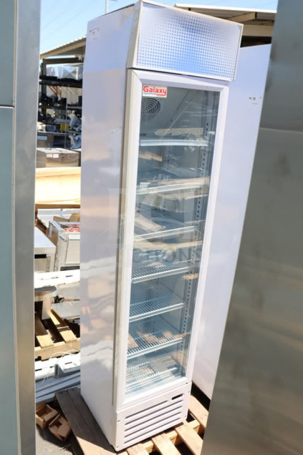 Brand new Galaxy GDN-5 swing glass door merchandiser, 16 9/16", with red/white/blue LED lighting. Scratch-n-dent condition.