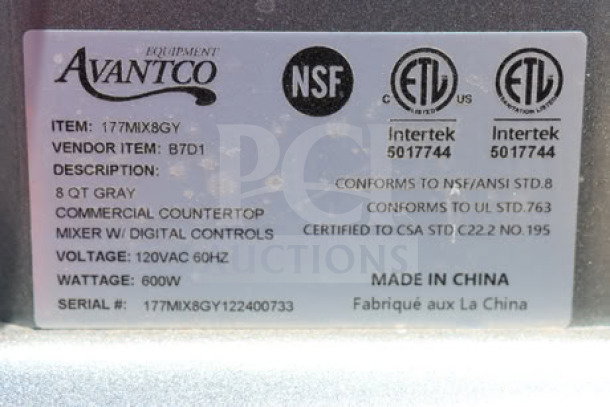 Avantco MIX8GY dark gray 8 Qt. countertop mixer label showing model, serial number, certifications, and voltage details.