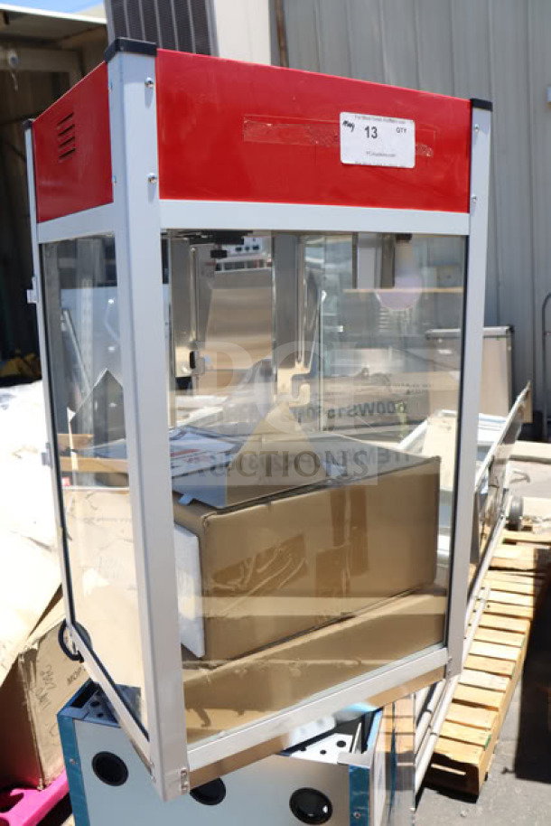 Carnival King PM1360 12 oz. commercial popcorn machine, scratch-n-dent, red top, glass sides, 120V, 1360W, brand new condition.