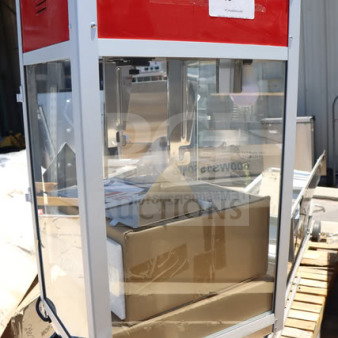Carnival King PM1360 12 oz. commercial popcorn machine, scratch-n-dent, red top, glass sides, 120V, 1360W, brand new condition.