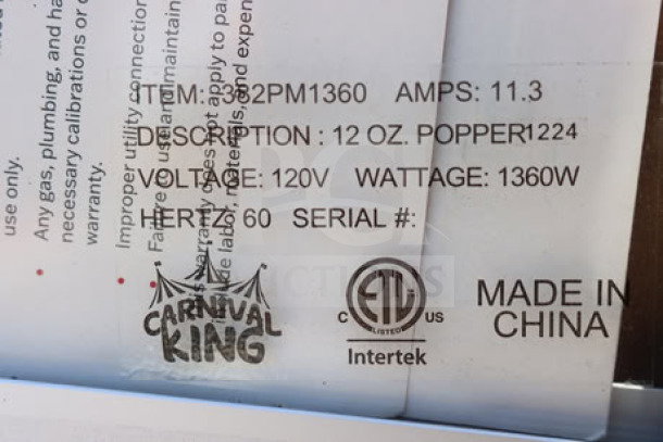 Carnival King PM1360 Popcorn Machine, 12 oz., 120V, 1360W, new with scratch-n-dent, labels show specs and certifications.