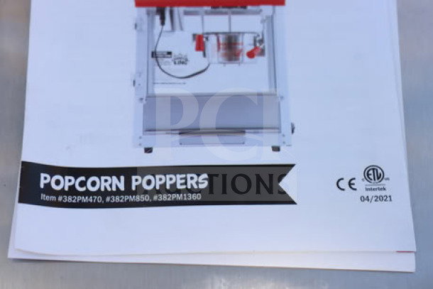 Carnival King PM1360 Popcorn Machine, 12 oz, 120V, 1360W, CE/ETL certified, manufacturing date 04/2021.