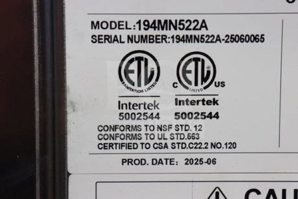 "Avantco Ice MN-522-A label, showing model 194MN522A, serial 194MN522A-25060065, ETL certifications, and prod. date 2025-06."