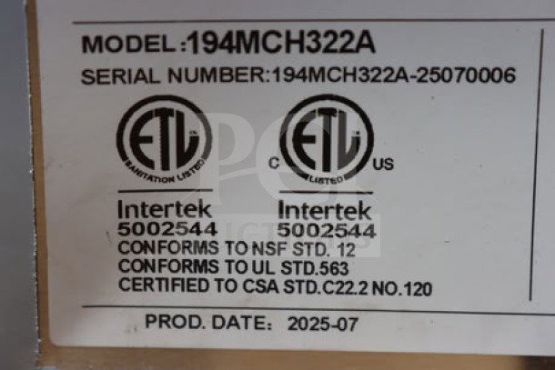 Alt text: Model and serial number label on Avantco Ice MC-H-322-A ice machine, ETL listed, conforms to NSF and CSA standards.