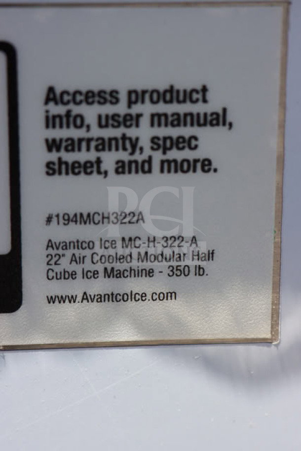 Brand new Avantco Ice MC-H-322-A 22" air-cooled modular half cube ice machine, 350 lb capacity, serial #194MCH322A-25070006.