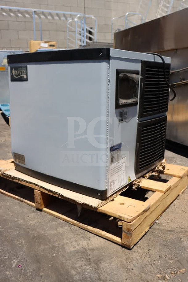Brand new Avantco Ice MC-H-322-A ice machine, air-cooled, half cube, 350 lb. capacity, on pallet, visible labels.