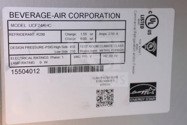BRAND NEW SCRATCH-N-DENT Beverage-Air UCF24AHC 24" Undercounter Freezer, S/N: 15504012, Energy Star rated, model label.