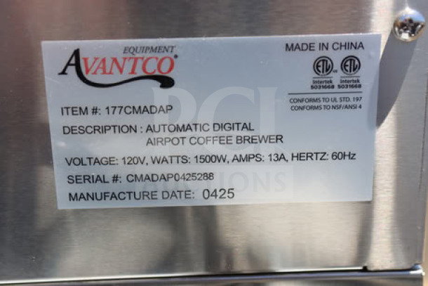 Alt text: "Label on Avantco CMADAP Digital Automatic Airpot Coffee Maker indicating model number, voltage, and manufacture details."