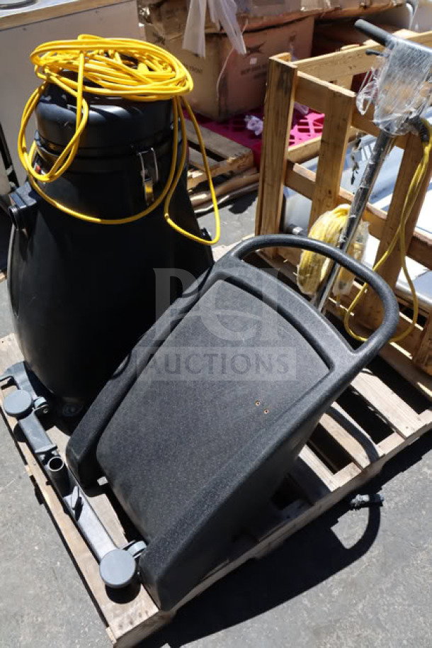 BRAND NEW Viper Shovelnose 18 Gallon Wet/Dry Vacuum, includes squeegee and tool kit, on pallet, with yellow cord.