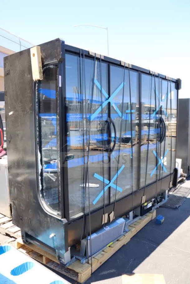 Brand new Hussmann MD8DA8 96 1/2" black refrigerated glass door merchandiser. Scratch-n-dent condition, model number visible.