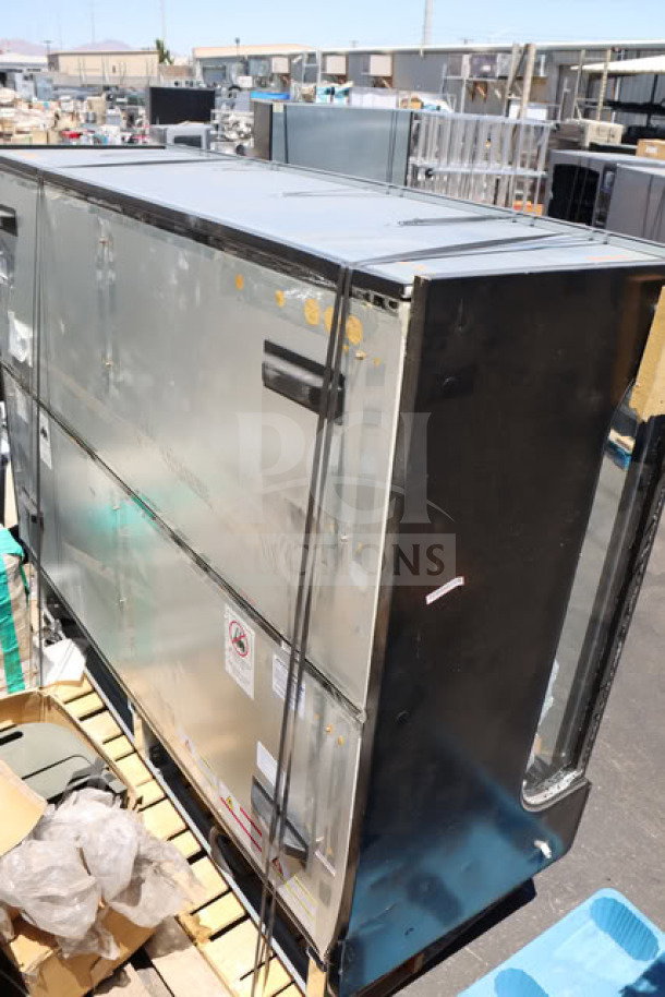 BRAND NEW SCRATCH-N-DENT Hussmann MD8DA8 Black Refrigerated Merchandiser, 96.5"x34"x79.88", model details and condition visible.