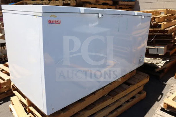 Galaxy CF30HC chest freezer, 30 cu. ft., 115 volts, 2.1 amps, brand new scratch-and-dent, visible Galaxy logo and control panel.