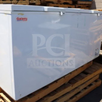 Galaxy CF30HC chest freezer, 30 cu. ft., 115 volts, 2.1 amps, brand new scratch-and-dent, visible Galaxy logo and control panel.