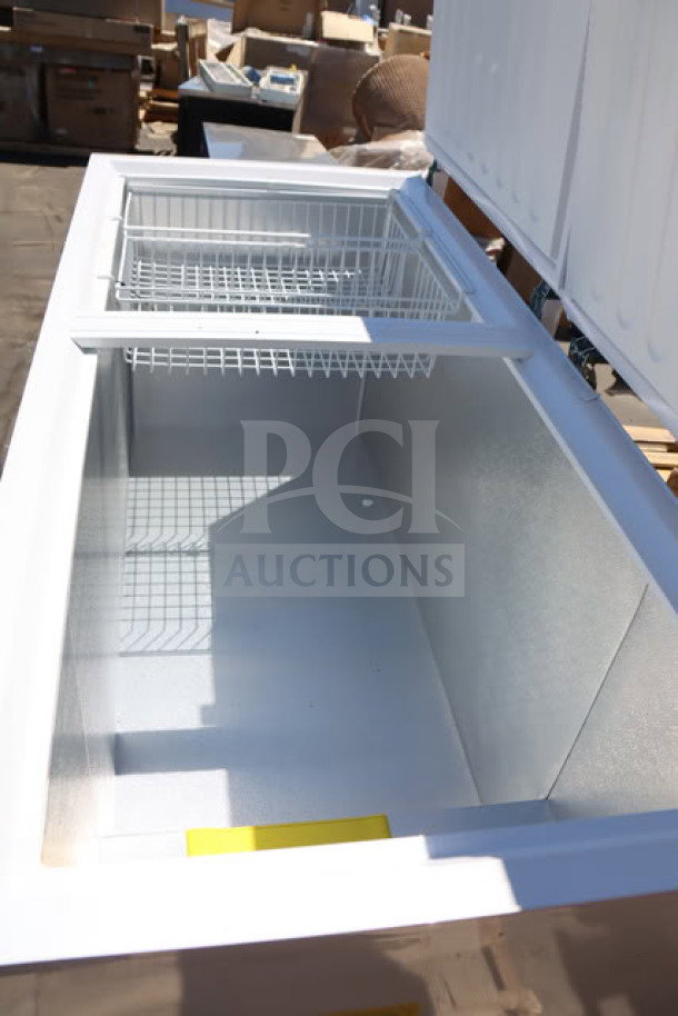 Brand new Galaxy CF30HC commercial chest freezer, 30 cu. ft., 115V, 2.1 amps. Open lid, interior view, scratch-n-dent condition.