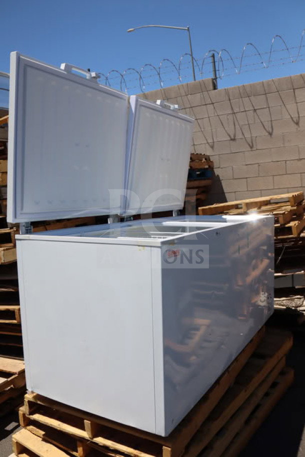 BRAND NEW Galaxy CF30HC 30 cu. ft. commercial chest freezer, scratch-n-dent, dual lids open. 115V, 2.1 Amps.