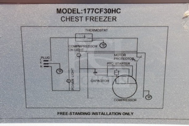Model label diagram for Galaxy CF30HC commercial chest freezer, 30 cu. ft., 115 volts, showing electrical components and installation note.