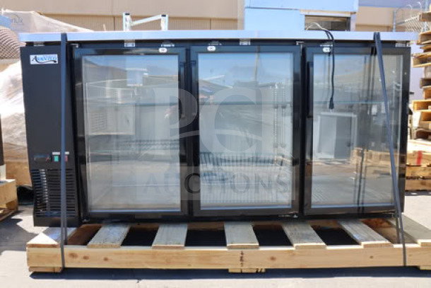 Brand new Avantco UBB-72G-HC 73" black back bar refrigerator with narrow glass doors and LED lighting, in scratch-n-dent condition.