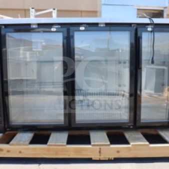 Brand new Avantco UBB-72G-HC 73" black back bar refrigerator with narrow glass doors and LED lighting, in scratch-n-dent condition.