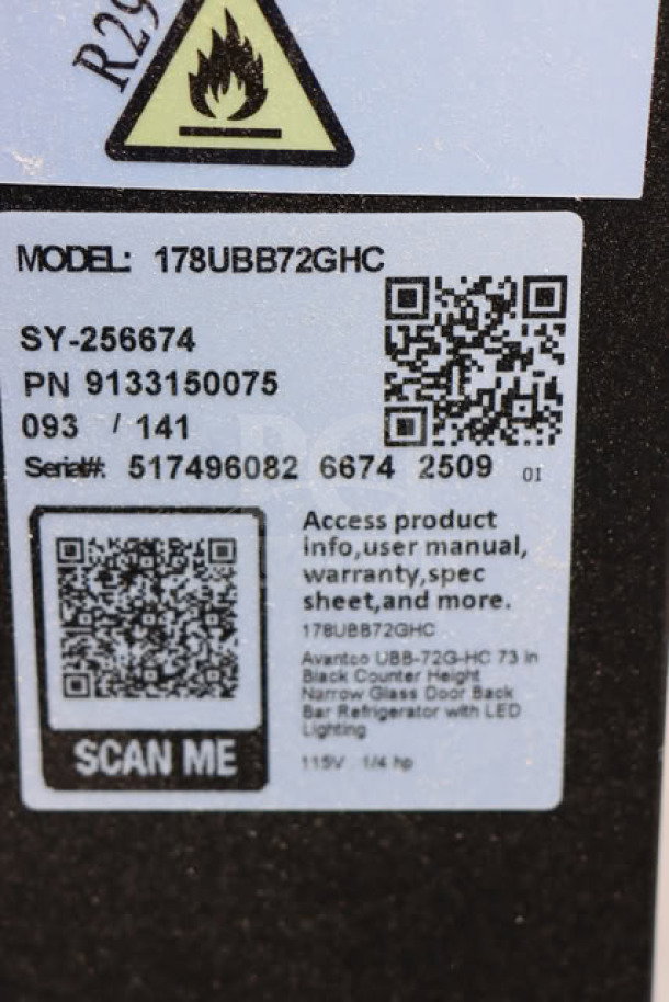 Avantco UBB-72G-HC refrigerator label; model, serial number, and QR code visible for product details.