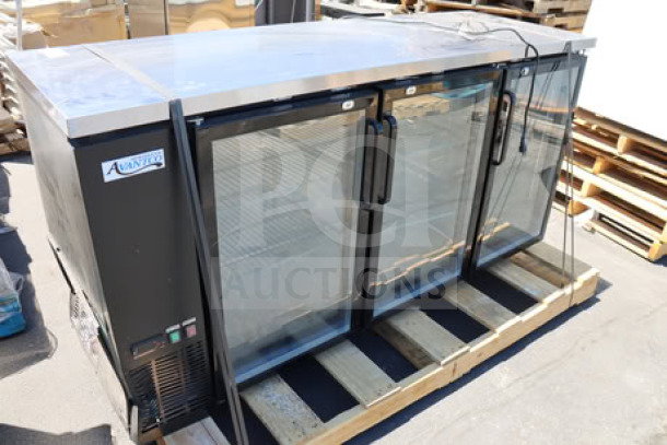 Brand new Avantco UBB-72G-HC black back bar refrigerator, 73" wide, glass doors, LED lighting, minor scratches.