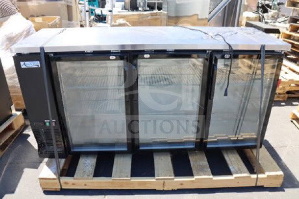 Brand new Avantco UBB-72G-HC back bar refrigerator with narrow glass doors, LED lighting, model label visible.
