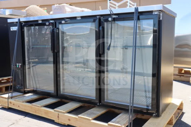 Avantco UBB-72G-HC back bar refrigerator, 73" wide, black, narrow glass doors, LED lighting, brand new scratch-n-dent condition.