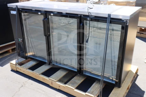 Avantco UBB-72G-HC back bar refrigerator, 73", black, glass doors, LED lighting, 115V, new scratch-n-dent condition.