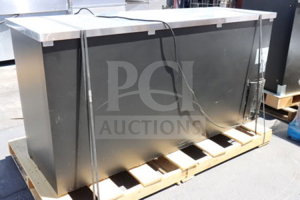 Avantco UBB-72G-HC 73" black back bar refrigerator, scratch-n-dent condition, narrow glass door, LED lighting, unboxed on pallet.